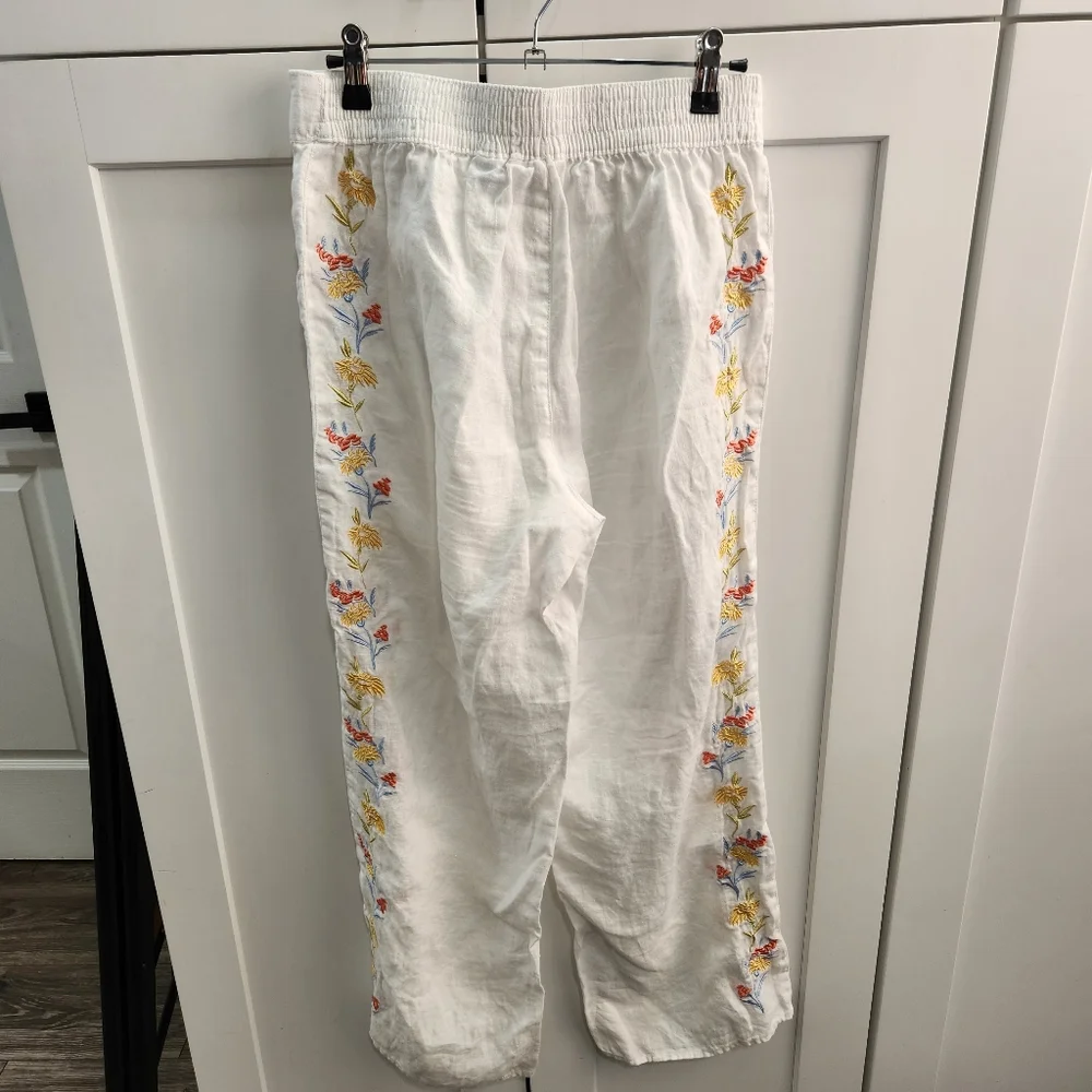 Calypso St. Barth White Linen Pants with Floral Embroidery Beach Size Small